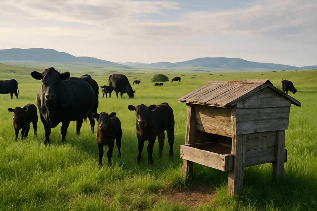 Black Angus cows and calves grazing green early-summer Montana rangeland with a mineral feeder in the foreground and foothills behind
