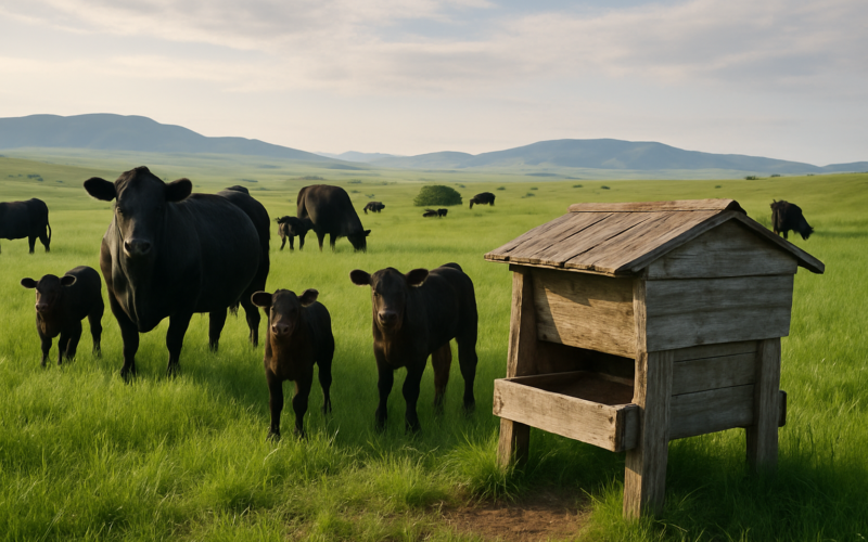 Black Angus cows and calves grazing green early-summer Montana rangeland with a mineral feeder in the foreground and foothills behind