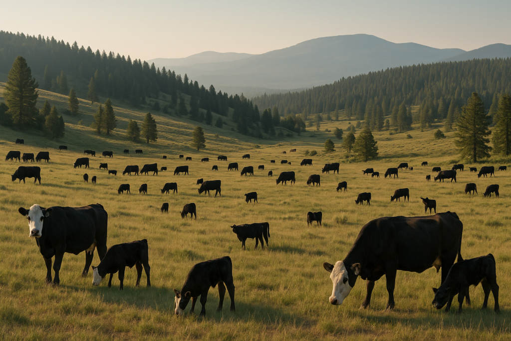 Black cattle scattered across a rugged, timbered Montana summer range with a forested mountain ridge behind them in early morning light