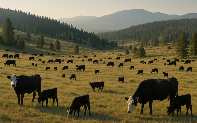 Black cattle scattered across a rugged, timbered Montana summer range with a forested mountain ridge behind them in early morning light