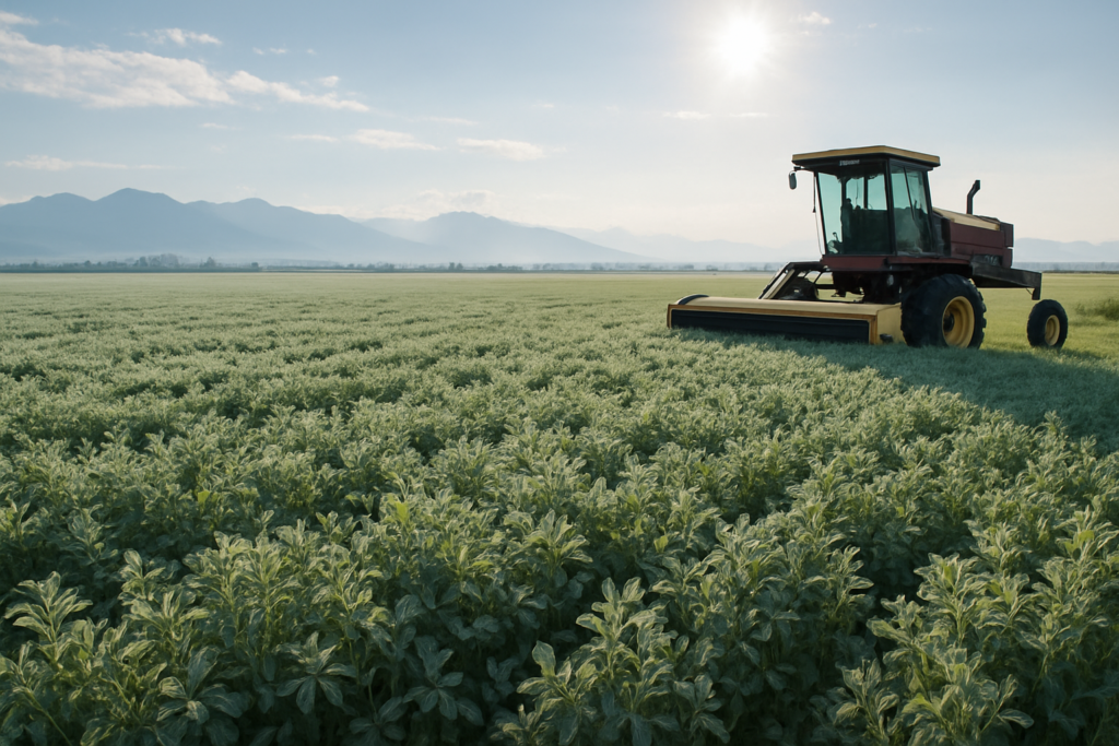 A Montana alfalfa field in early June with a faint frosted-gray cast across the crop tops and a swather parked at the field's edge