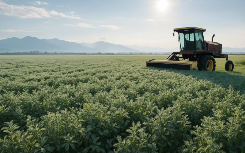 A Montana alfalfa field in early June with a faint frosted-gray cast across the crop tops and a swather parked at the field's edge