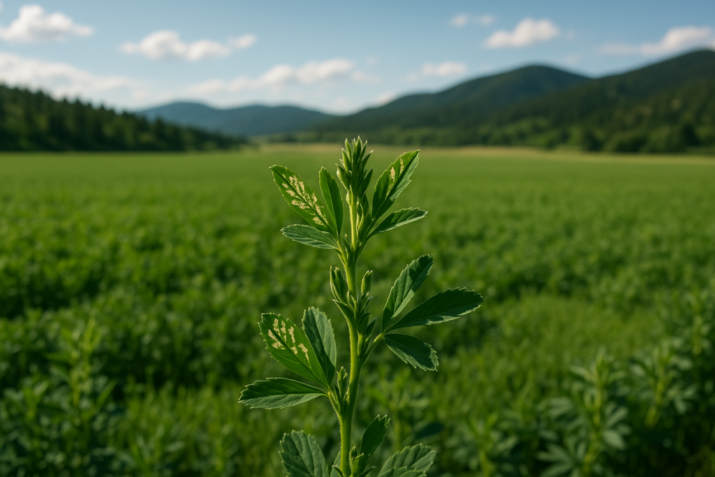 Green alfalfa tips showing pale skeletonized weevil damage in a Montana hayfield with foothills in the background