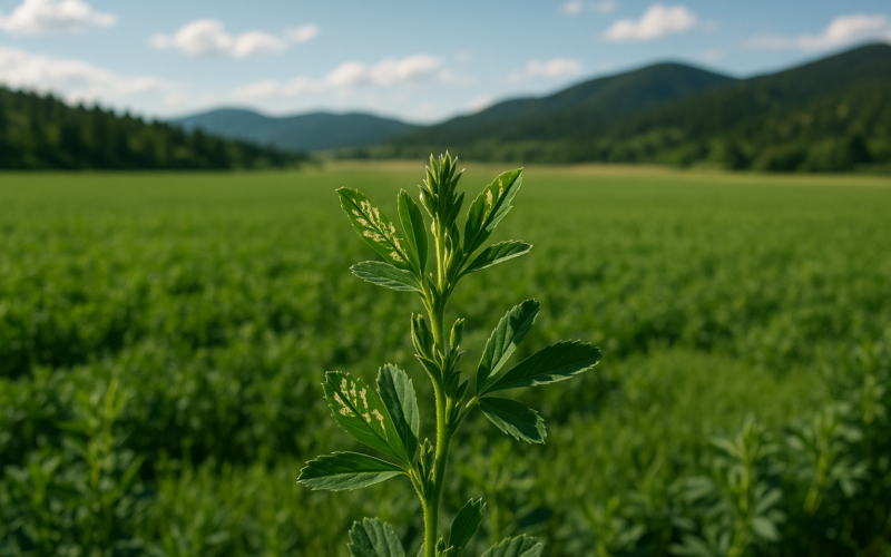 Green alfalfa tips showing pale skeletonized weevil damage in a Montana hayfield with foothills in the background