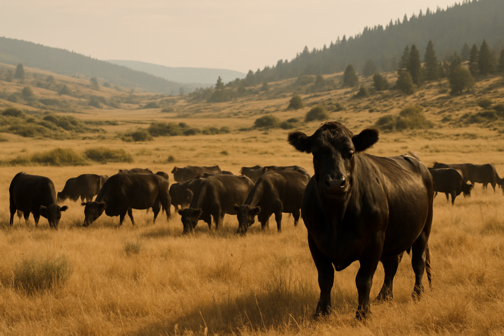 An older black cow standing apart from a grazing herd on dry Montana summer rangeland with brushy draws behind