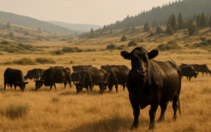 An older black cow standing apart from a grazing herd on dry Montana summer rangeland with brushy draws behind