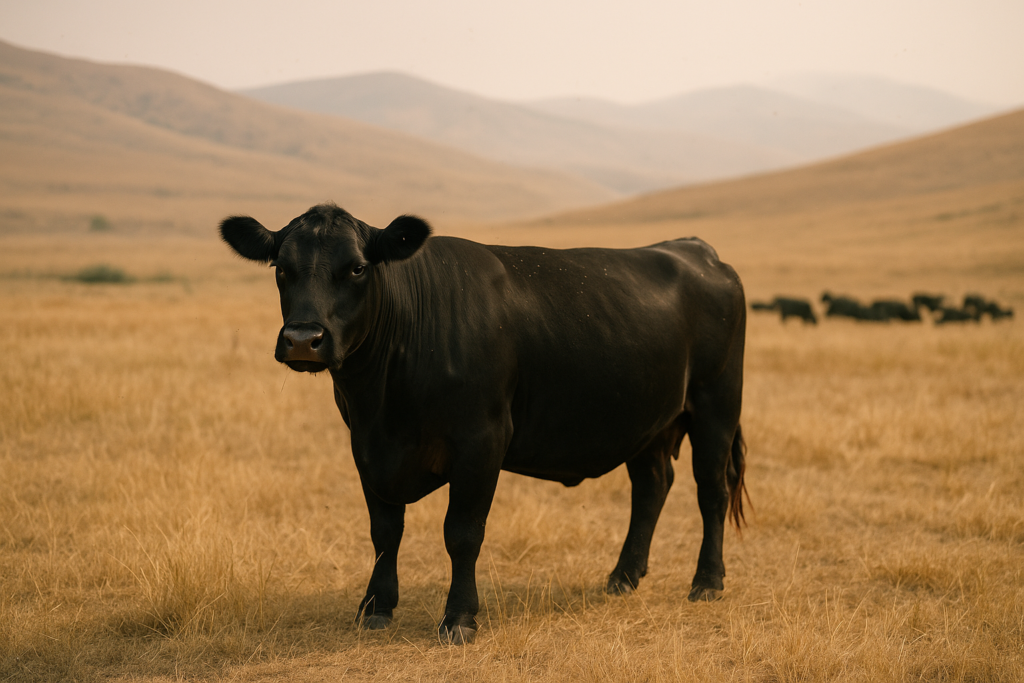 A lone black cow standing apart from the herd on dry summer Montana rangeland under a hazy sky