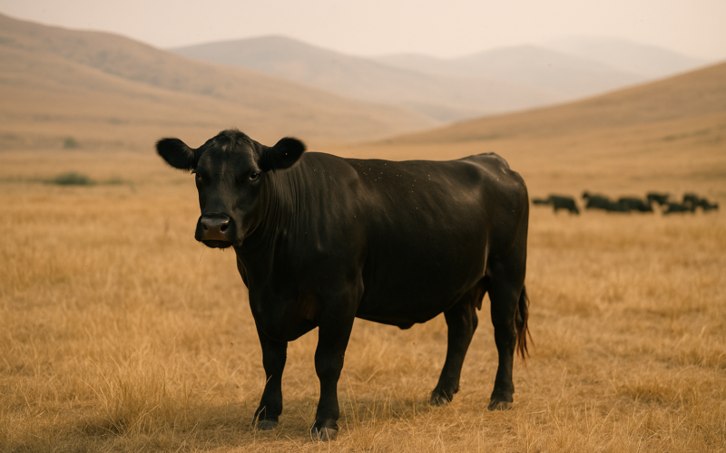 A lone black cow standing apart from the herd on dry summer Montana rangeland under a hazy sky