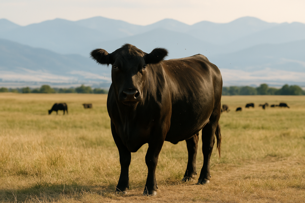 A lone mature black cow standing apart from the herd on a summer Montana pasture with mountains in the distance