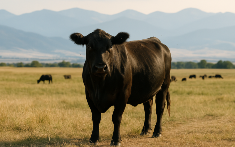 A lone mature black cow standing apart from the herd on a summer Montana pasture with mountains in the distance