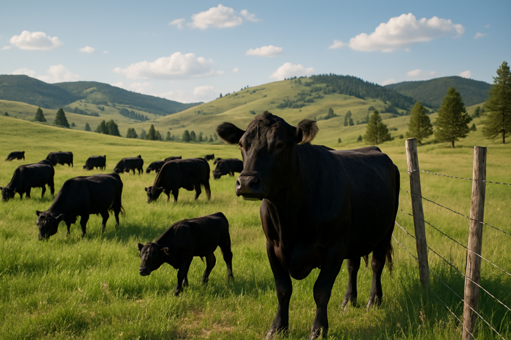 A mature black cow standing apart from the herd on green Montana summer range under a bright sky