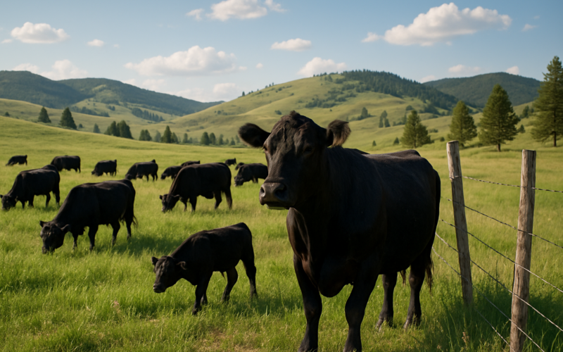 A mature black cow standing apart from the herd on green Montana summer range under a bright sky