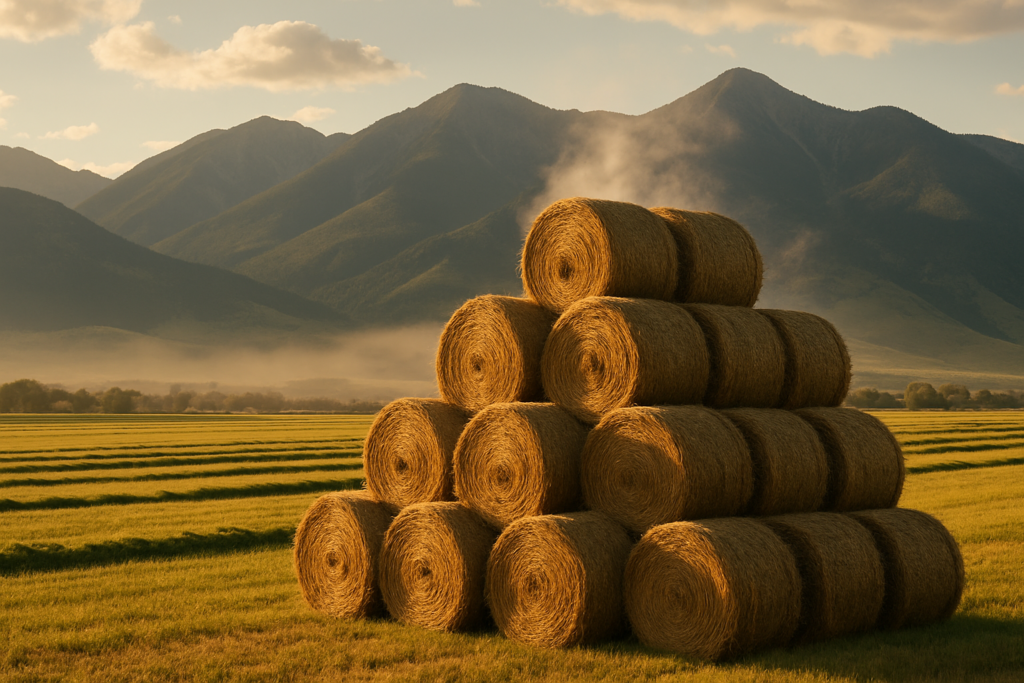 Round hay bales stacked in a Montana valley at dusk with cut windrows in the field and mountains behind
