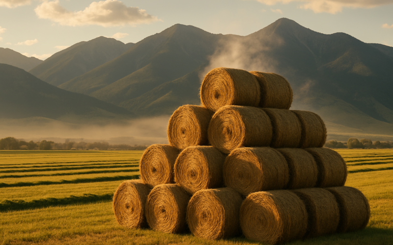 Round hay bales stacked in a Montana valley at dusk with cut windrows in the field and mountains behind