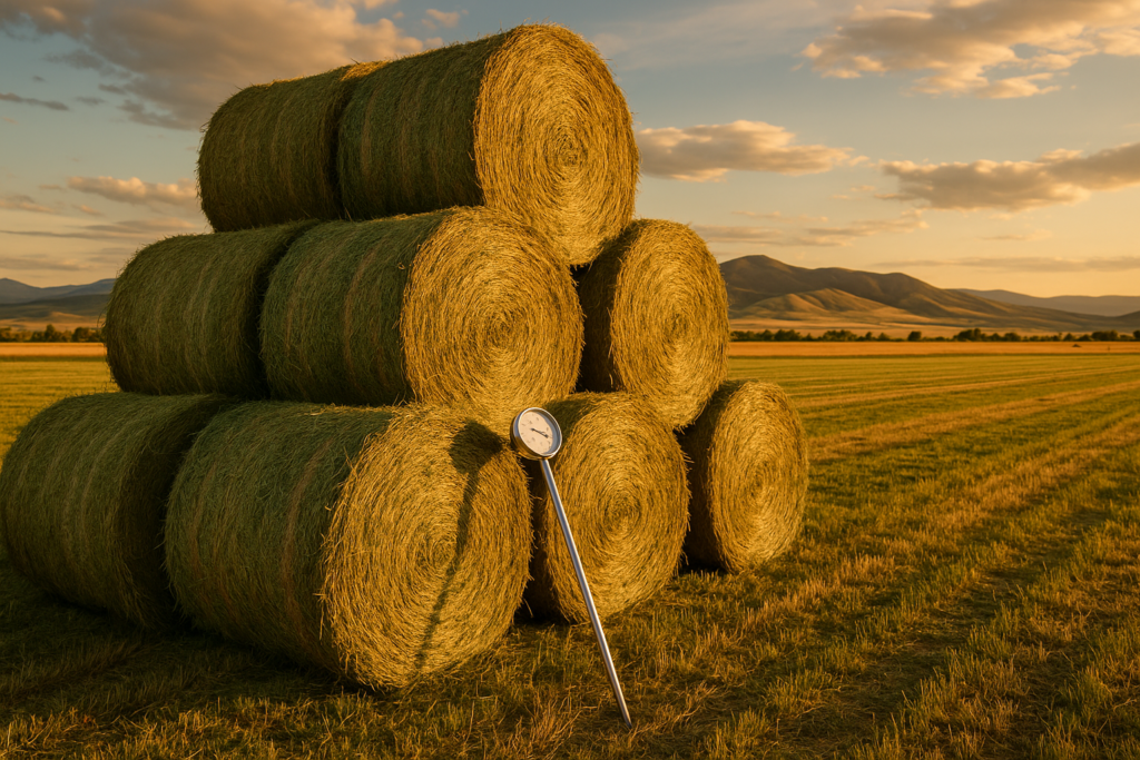 Round hay bales stacked in a Montana field at golden hour with foothills in the background