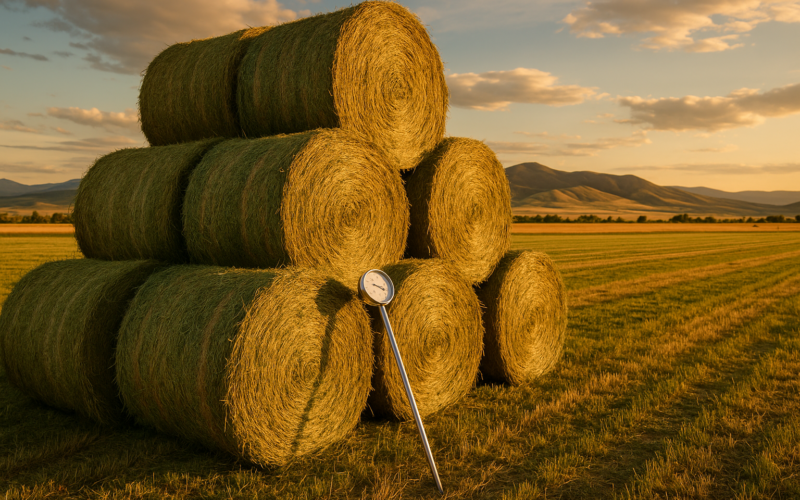 Round hay bales stacked in a Montana field at golden hour with foothills in the background
