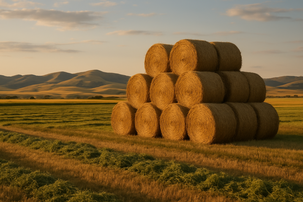 Round hay bales stacked in a Montana field at golden hour with cut windrows and foothills behind