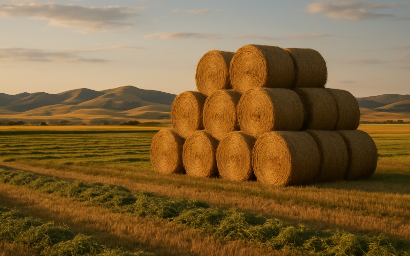 Round hay bales stacked in a Montana field at golden hour with cut windrows and foothills behind