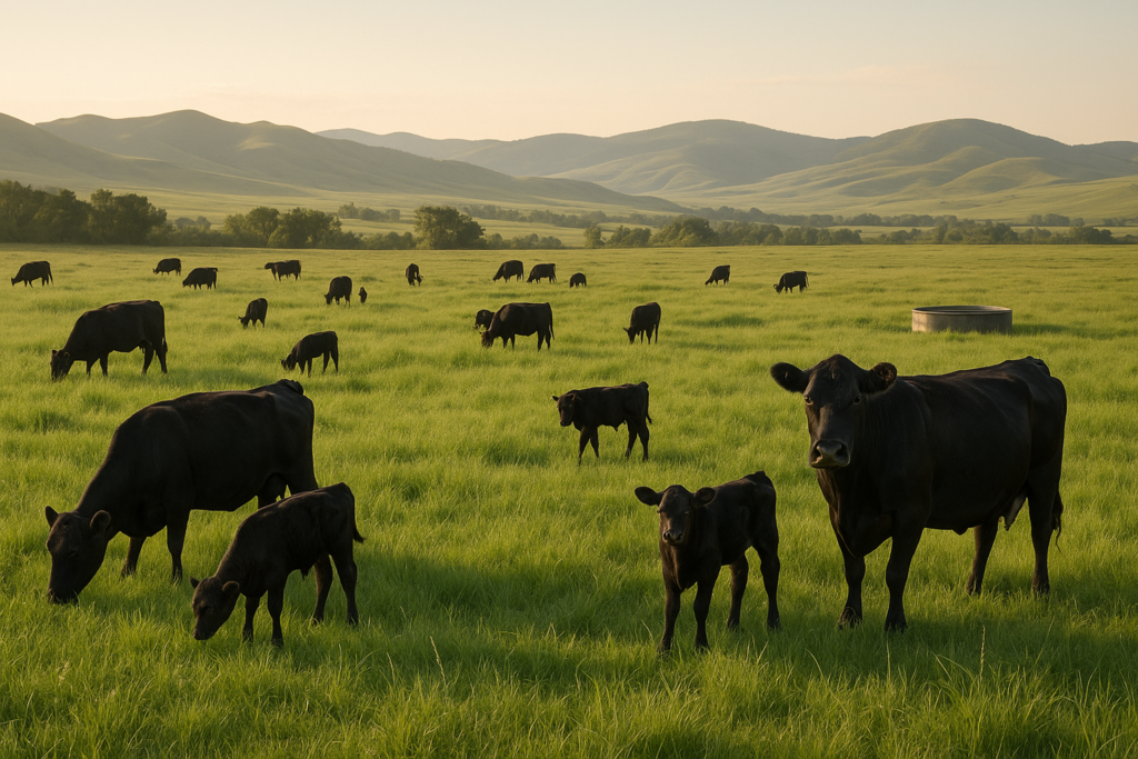 Black Angus cows and young calves grazing lush green summer pasture with Montana foothills in the background