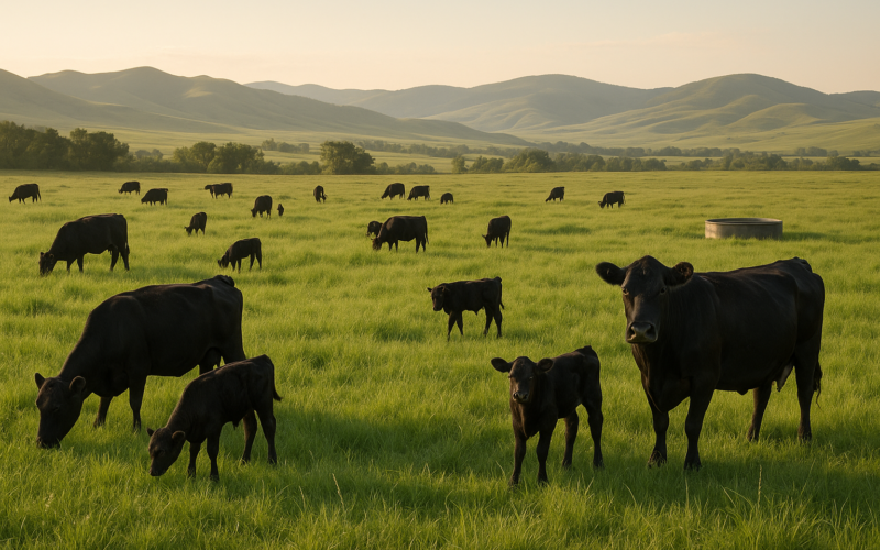 Black Angus cows and young calves grazing lush green summer pasture with Montana foothills in the background