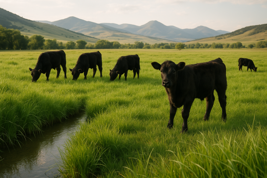 Black Angus calves grazing green summer pasture in a Montana river bottom with hills and mountains in the background
