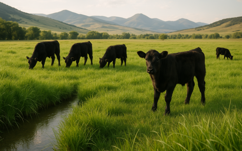 Black Angus calves grazing green summer pasture in a Montana river bottom with hills and mountains in the background
