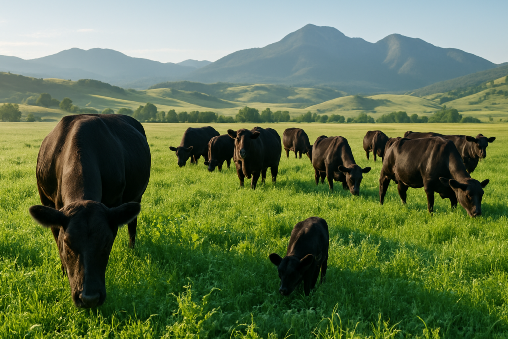 Black cattle grazing a lush green legume pasture on a dewy early-summer morning with Montana foothills behind them