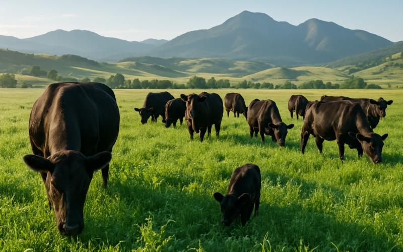 Black cattle grazing a lush green legume pasture on a dewy early-summer morning with Montana foothills behind them