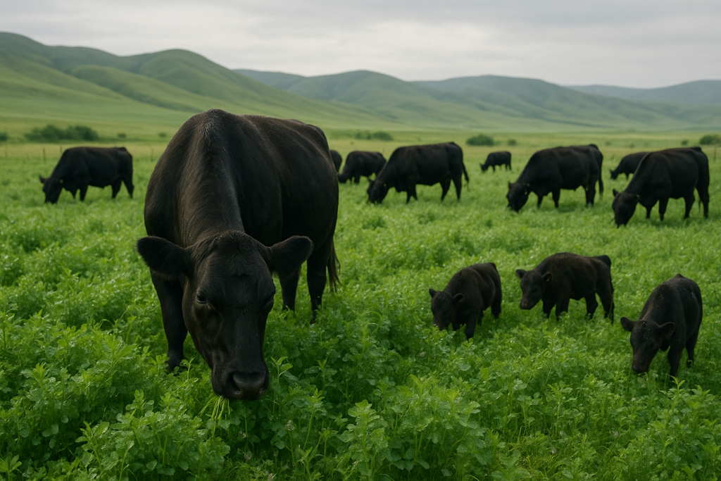 Black cattle grazing a lush green legume pasture in early summer with Montana foothills behind them