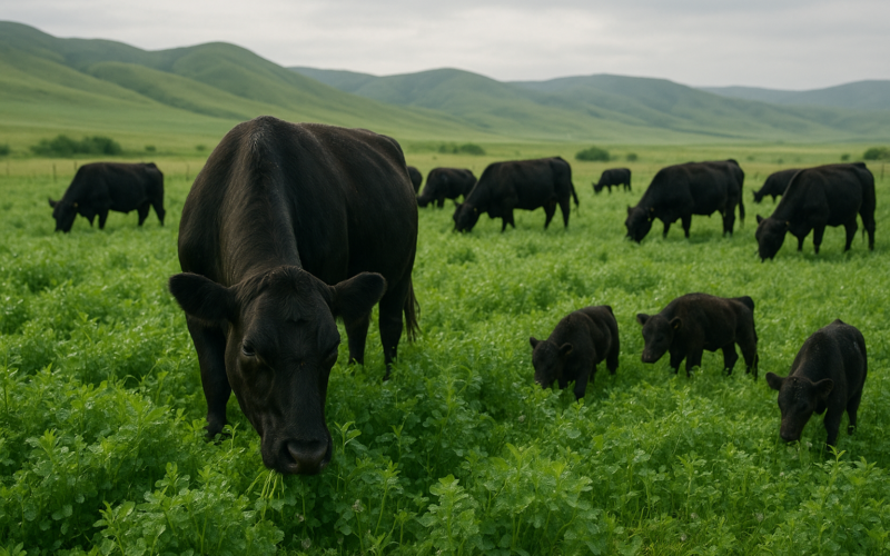 Black cattle grazing a lush green legume pasture in early summer with Montana foothills behind them
