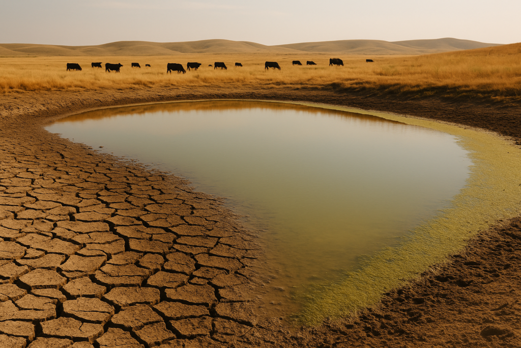 A low Montana stock pond with green algae scum along the bank and cattle grazing dry rangeland beyond it under a hazy summer sky