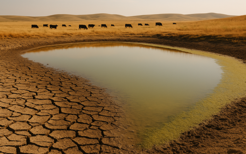 A low Montana stock pond with green algae scum along the bank and cattle grazing dry rangeland beyond it under a hazy summer sky