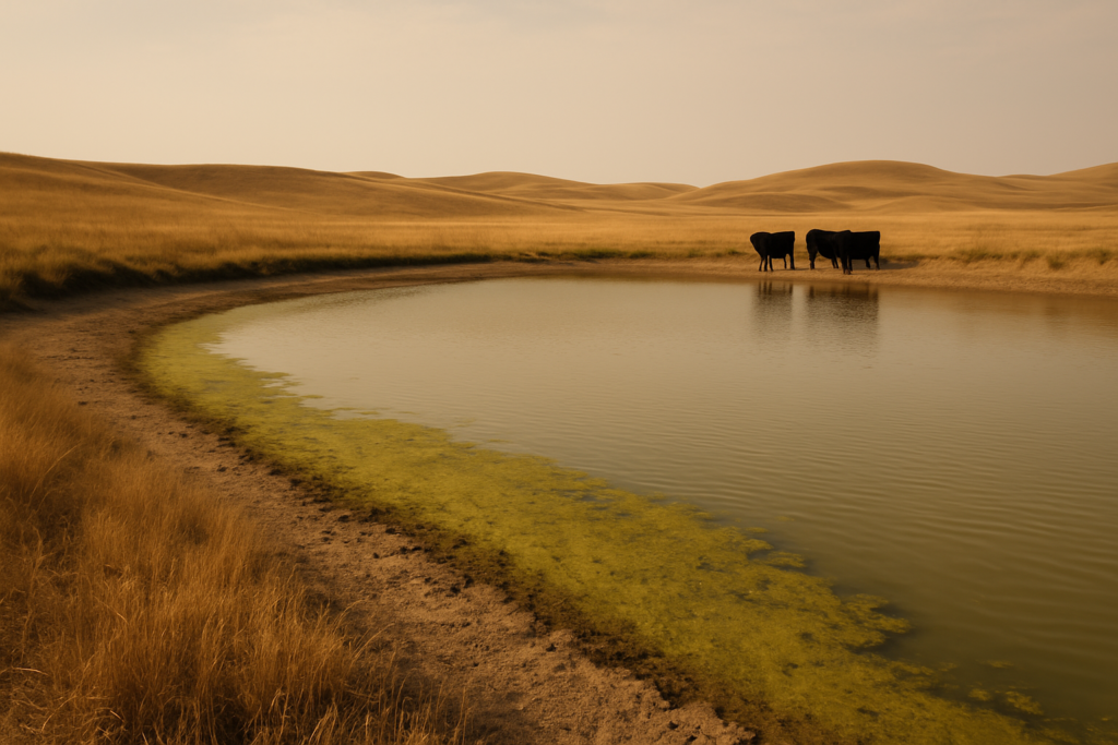 A low summer stock pond on a Montana rangeland with green algae scum along the near bank and cattle grazing in the dry hills beyond