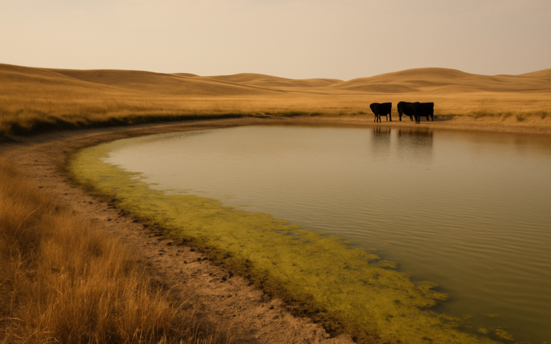 A low summer stock pond on a Montana rangeland with green algae scum along the near bank and cattle grazing in the dry hills beyond