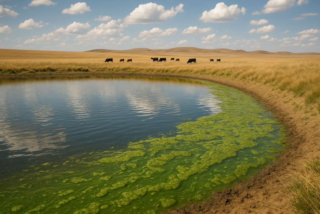 A Montana stock pond with green algae scum pooling along one bank, cattle grazing dry grassland beyond under a wide summer sky