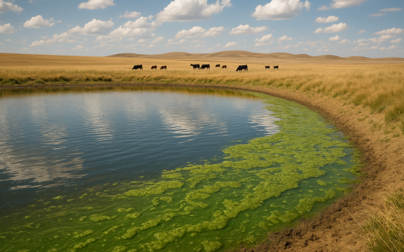 A Montana stock pond with green algae scum pooling along one bank, cattle grazing dry grassland beyond under a wide summer sky
