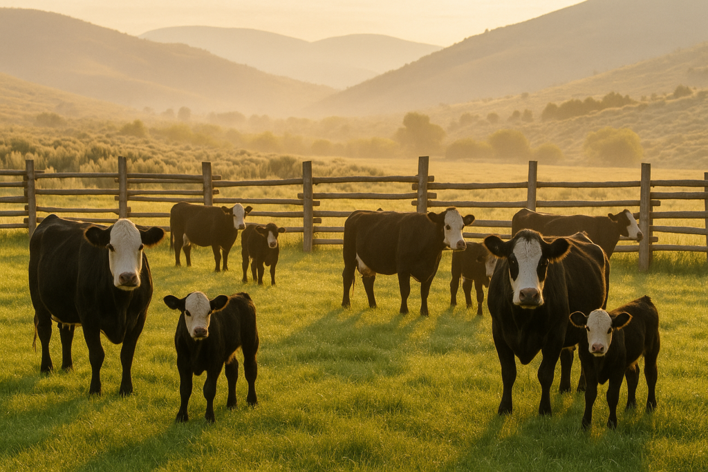 Cow-calf pairs on green Montana pasture at dawn with foothills behind, dew on the grass in early summer light