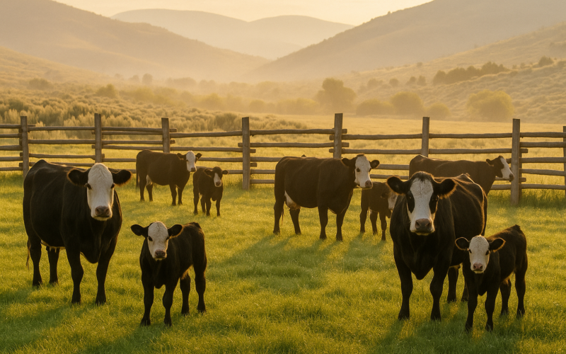 Cow-calf pairs on green Montana pasture at dawn with foothills behind, dew on the grass in early summer light