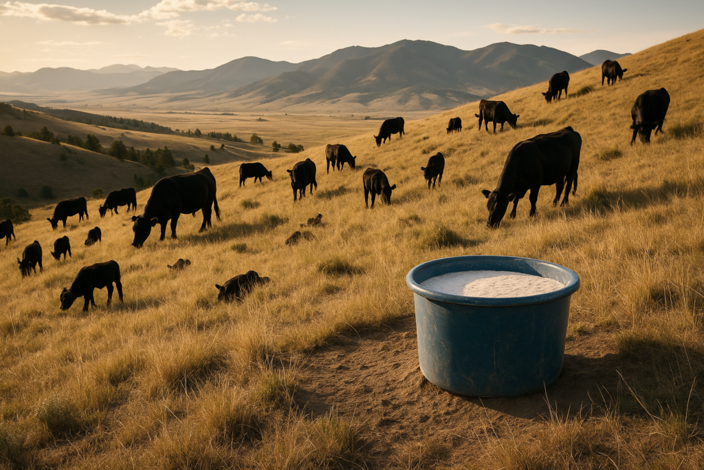 Black cattle grazing up a dry Montana hillside near a salt ground set on high ground, with open range and mountains behind