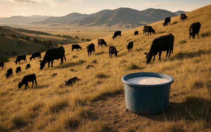 Black cattle grazing up a dry Montana hillside near a salt ground set on high ground, with open range and mountains behind