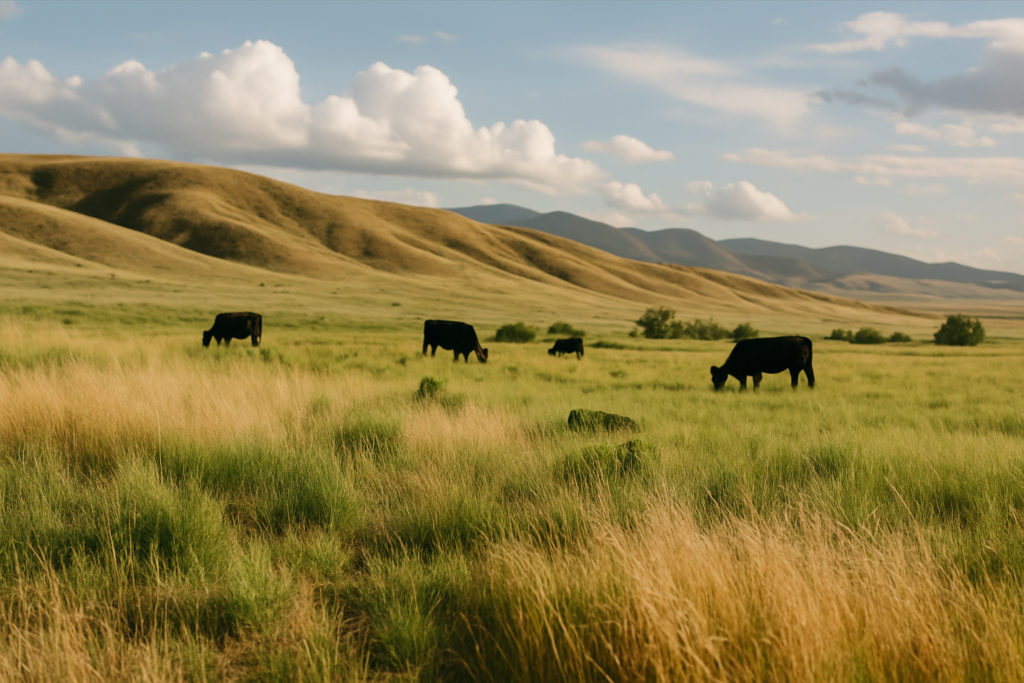 Black cattle grazing on a Montana hillside where tan cured cheatgrass mixes with green grass under a wide summer sky