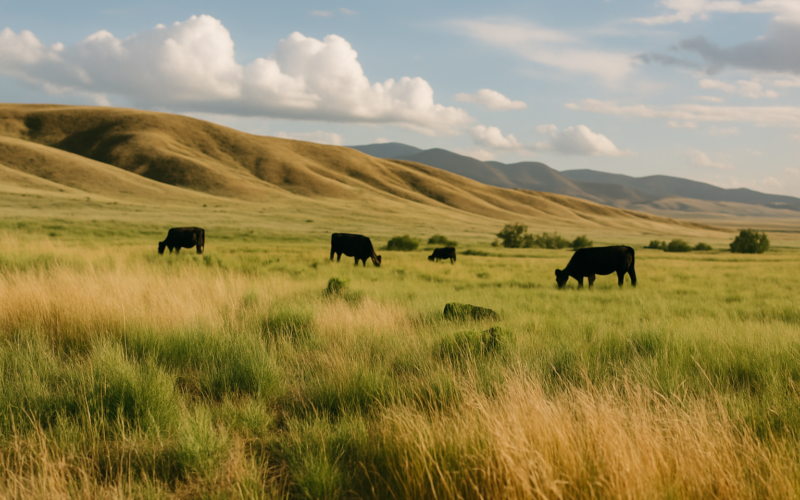 Black cattle grazing on a Montana hillside where tan cured cheatgrass mixes with green grass under a wide summer sky