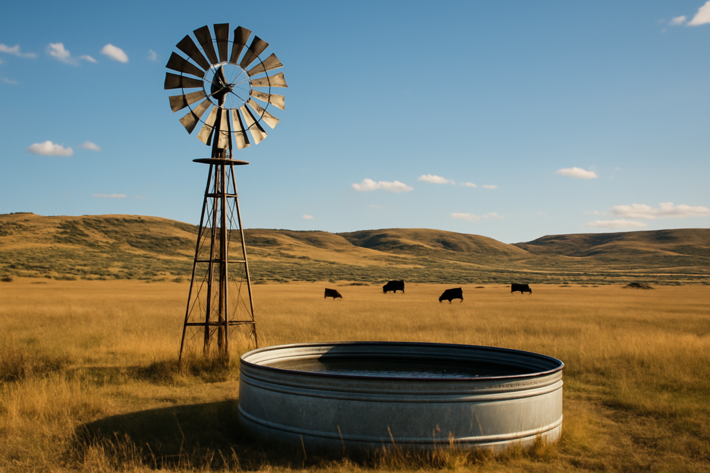 A steel windmill beside a galvanized stock tank in an open Montana summer pasture with cattle grazing in the distance