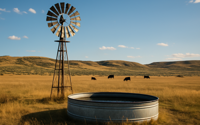 A steel windmill beside a galvanized stock tank in an open Montana summer pasture with cattle grazing in the distance