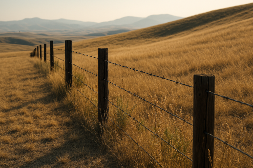 A dry Montana rangeland fence line and weedy field margin in early summer where grasshopper nymphs hatch