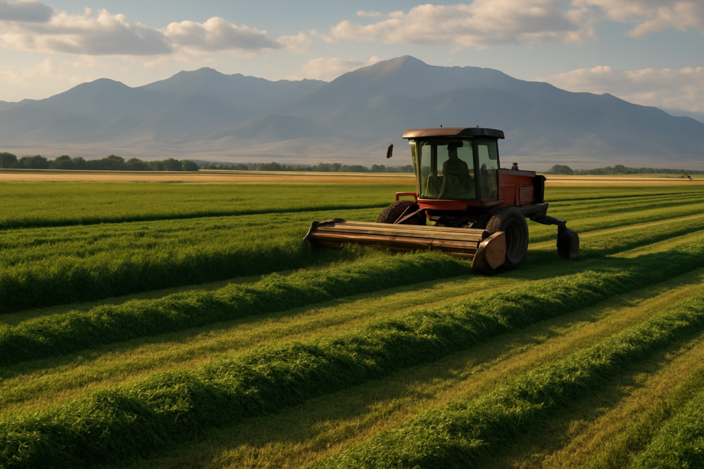 A swather cutting green windrows of first-cutting alfalfa in a Montana hayfield with mountains in the distance