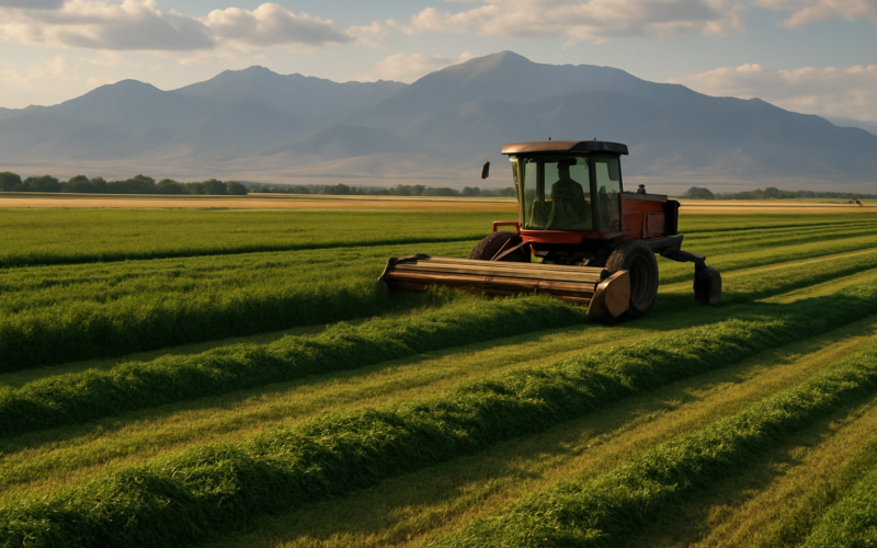 A swather cutting green windrows of first-cutting alfalfa in a Montana hayfield with mountains in the distance