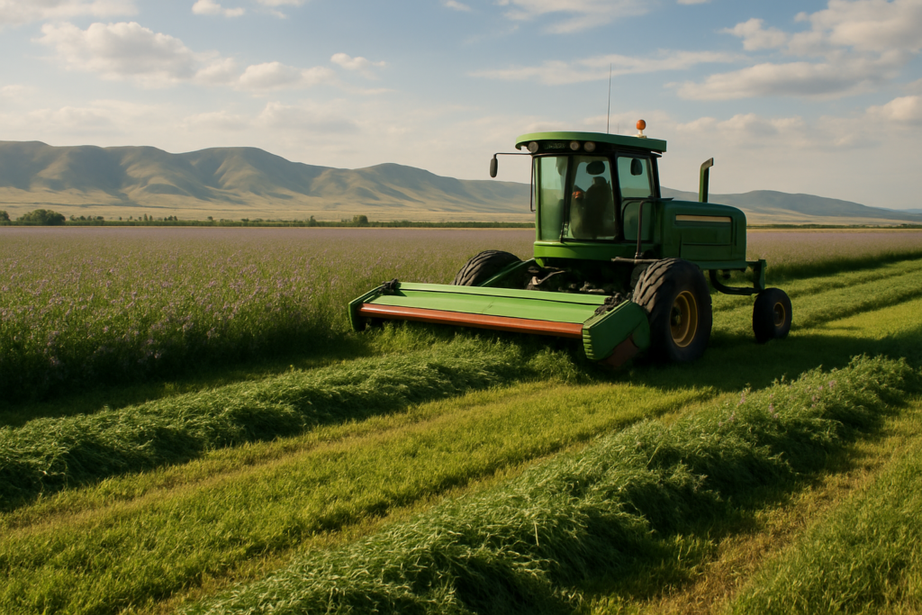A swather cutting first-cutting alfalfa into windrows in a Montana hay field with foothills in the background