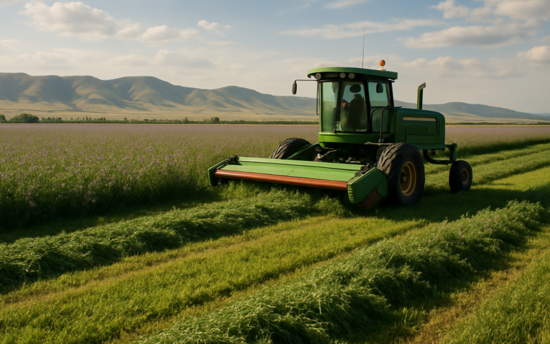A swather cutting first-cutting alfalfa into windrows in a Montana hay field with foothills in the background