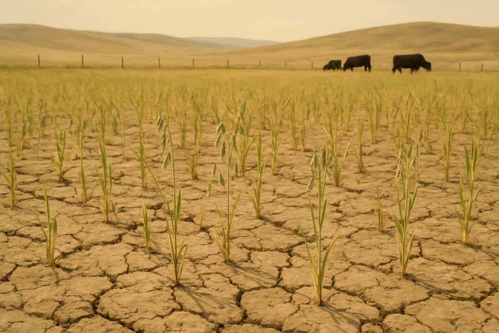 A thin, drought-stunted cereal forage field on a Montana ranch with black cattle grazing along the fence line under a hazy summer sky.